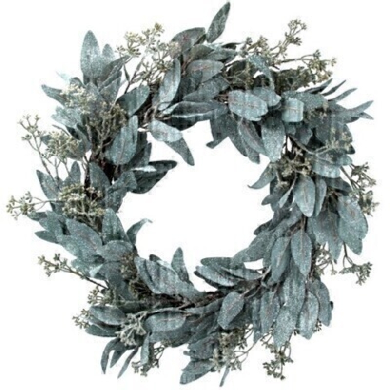 Frosted Eucalyptus Wreath Gisela Graham This frosted eucalyptus wreath is by Designer Gisela Graham and will delight for years to come. It will compliment any front door and has a matching garland available. Remember Booker Flowers and Gifts for Gisela Graham Christmas Decorations.
